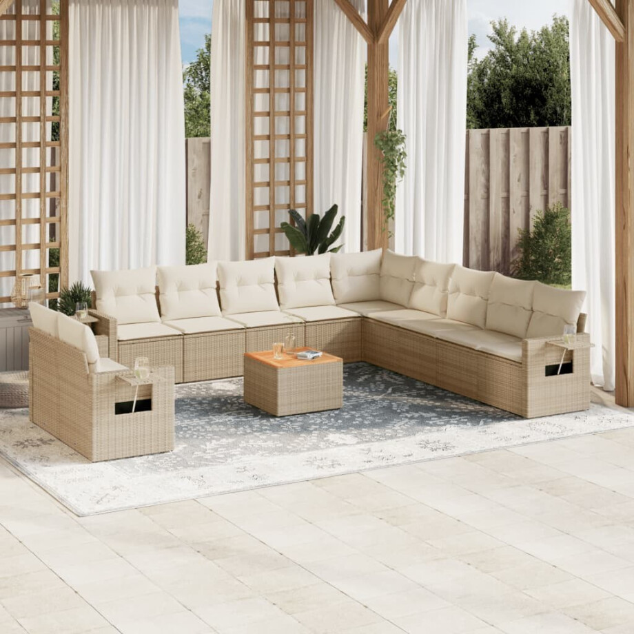 vidaXL 12-delige Loungeset met kussens poly rattan beige vidaXL 12-delige Loungeset met kussens poly rattan beige afbeelding 1