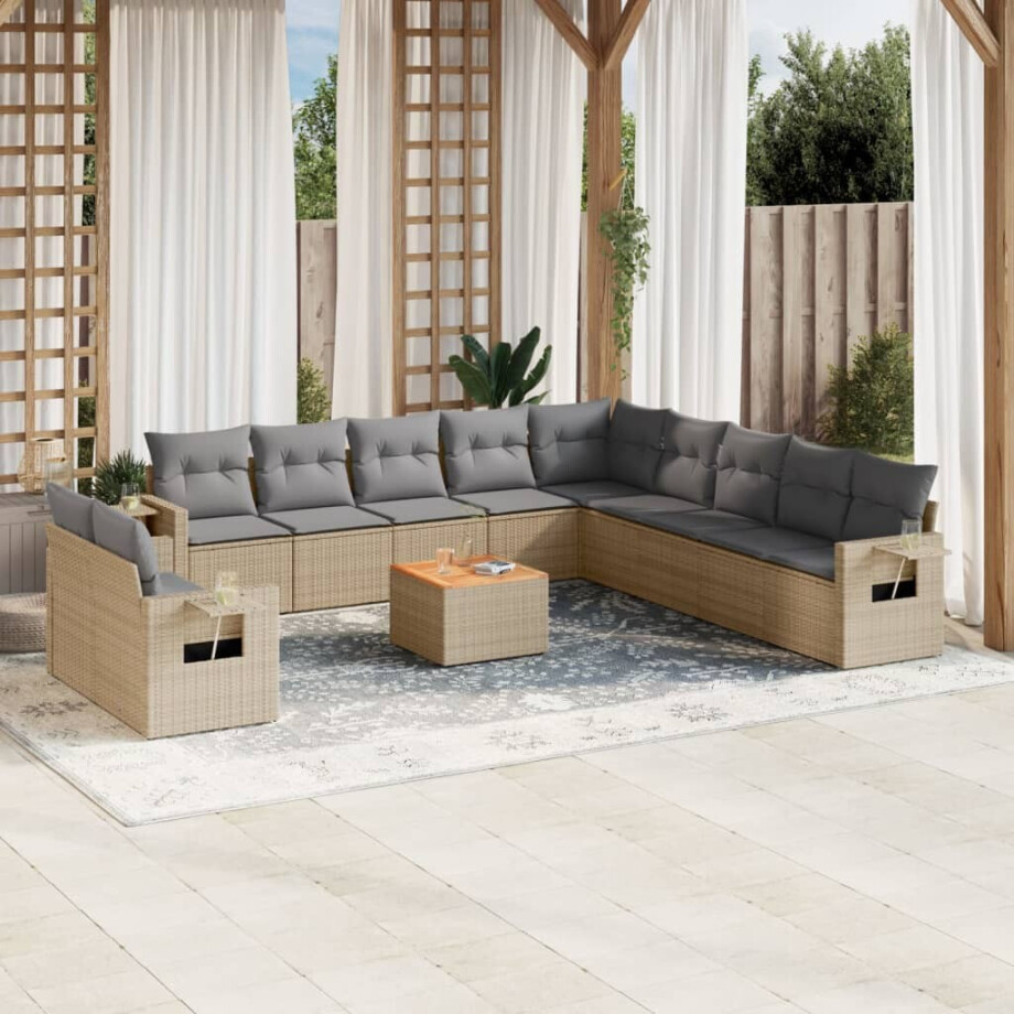 vidaXL 12-delige Loungeset met kussens poly rattan gemengd beige afbeelding 1