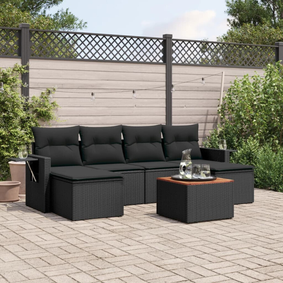 vidaXL 7-delige Loungeset met kussens poly rattan zwart vidaXL 7-delige Loungeset met kussens poly rattan zwart afbeelding 1