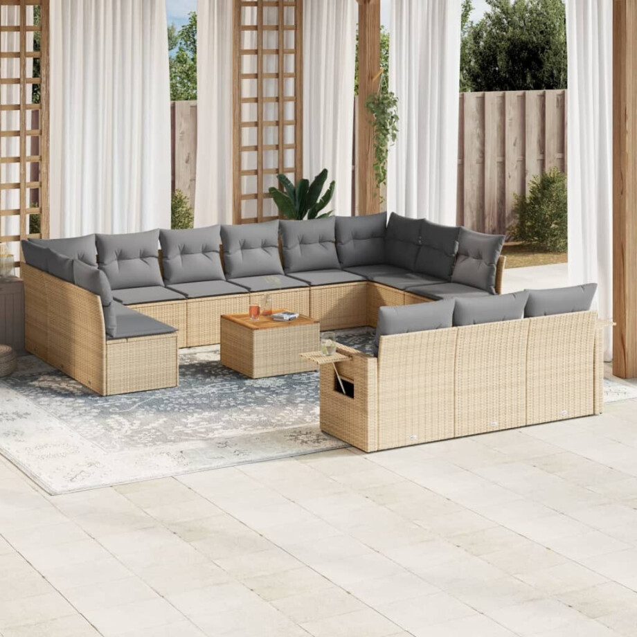 vidaXL 14-delige Loungeset met kussens poly rattan gemengd beige afbeelding 1