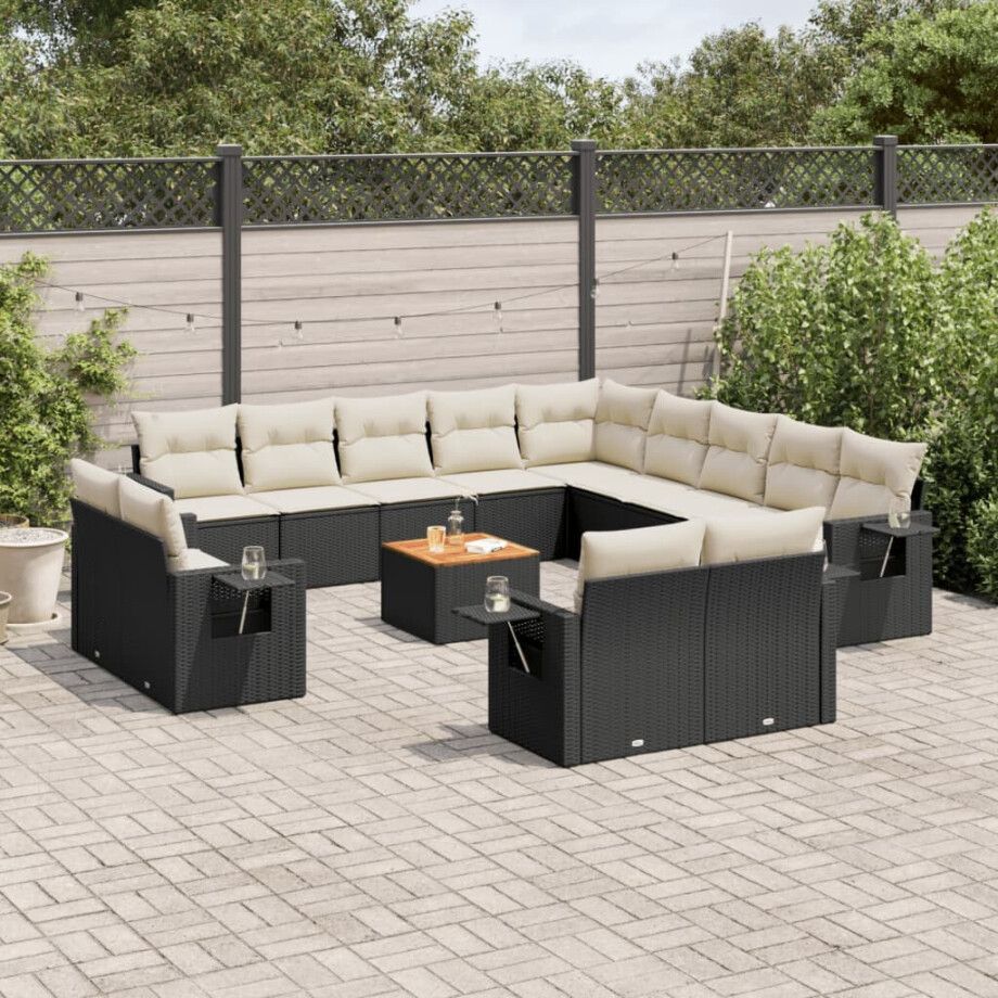 vidaXL 14-delige Loungeset met kussens poly rattan zwart afbeelding 1
