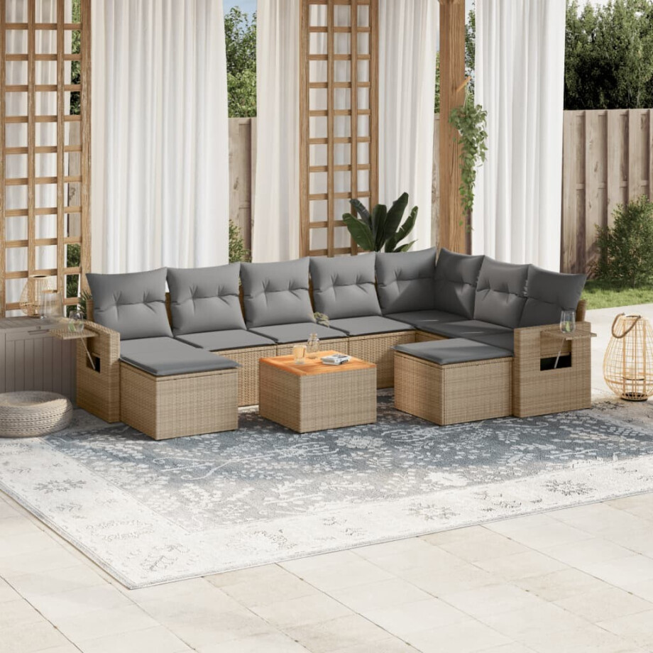 vidaXL 10-delige Loungeset met kussens poly rattan gemengd beige afbeelding 1