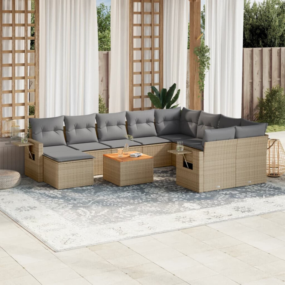 vidaXL 11-delige Loungeset met kussens poly rattan gemengd beige afbeelding 1