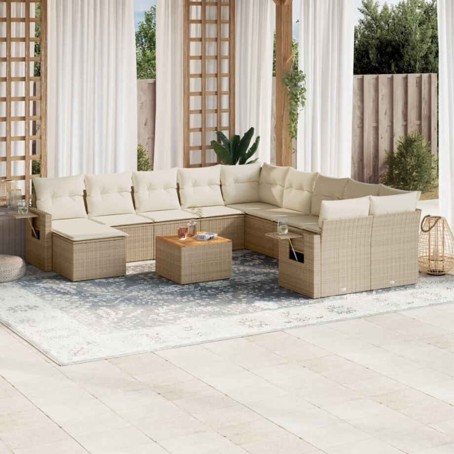 vidaXL 12-delige Loungeset met kussens poly rattan beige vidaXL 12-delige Loungeset met kussens poly rattan beige afbeelding 1