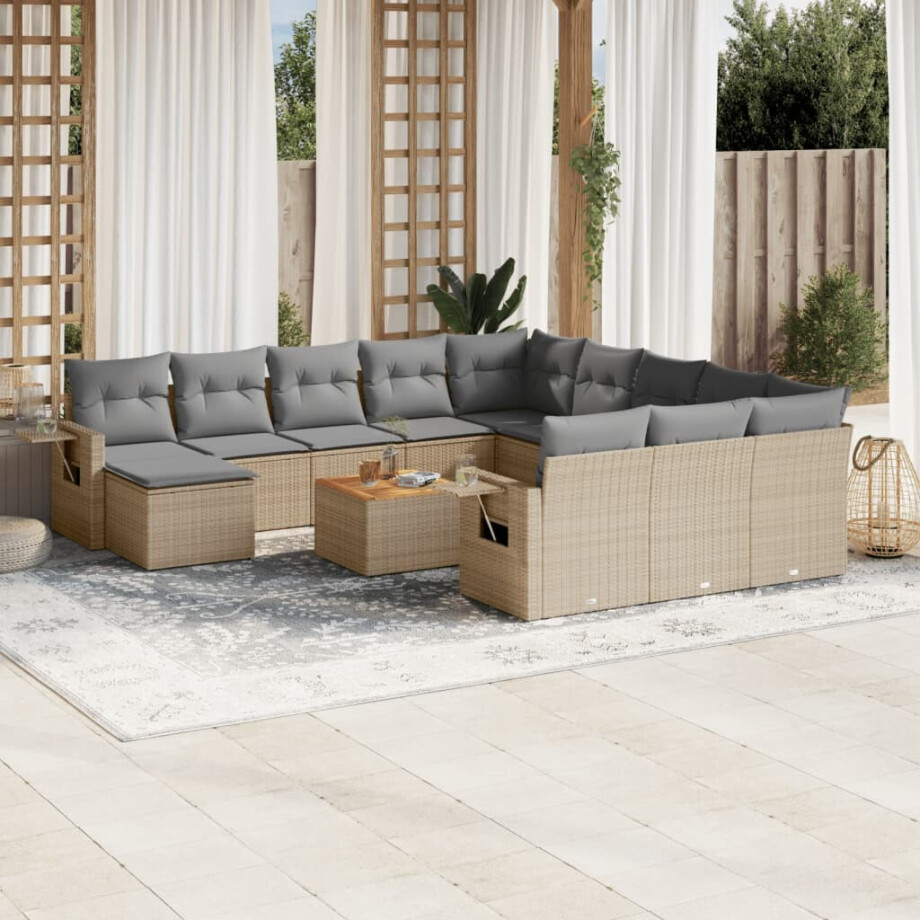 vidaXL 13-delige Loungeset met kussens poly rattan gemengd beige afbeelding 1