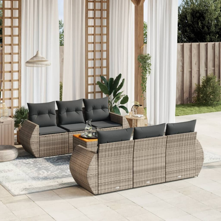 vidaXL 7-delige Loungeset met kussens poly rattan grijs afbeelding 1