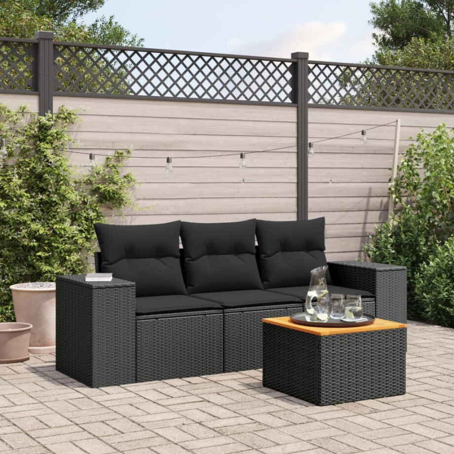 vidaXL 4-delige Loungeset met kussens poly rattan zwart vidaXL 4-delige Loungeset met kussens poly rattan zwart afbeelding 1