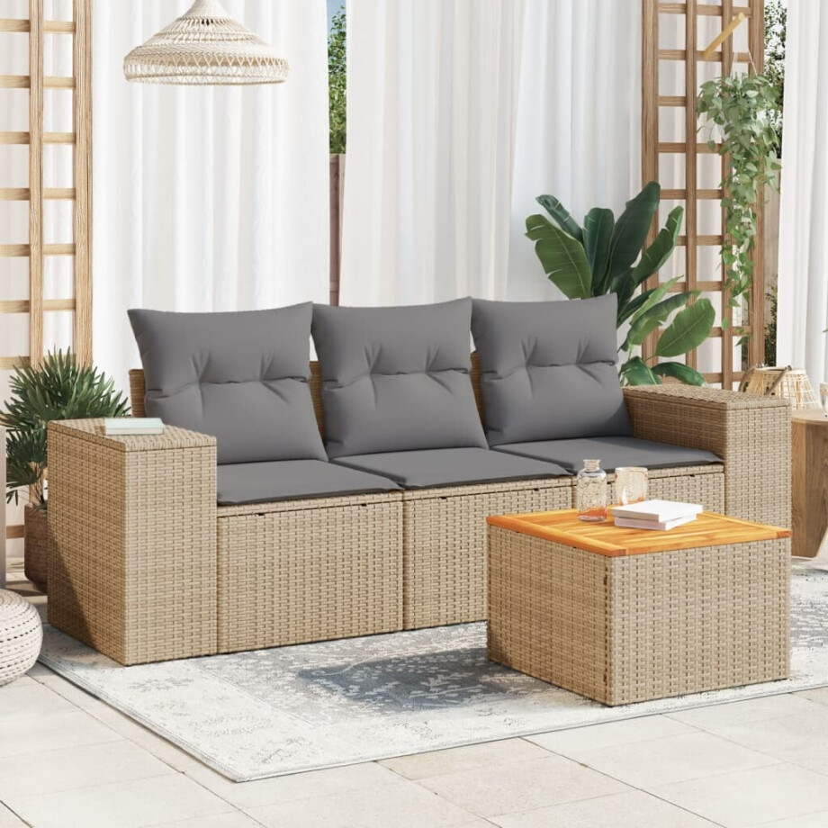 vidaXL 4-delige Loungeset met kussens poly rattan beige afbeelding 1