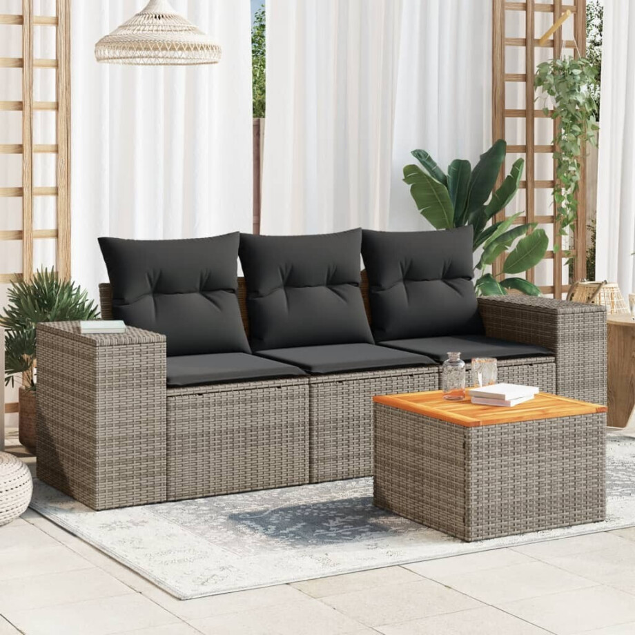 vidaXL 4-delige Loungeset met kussens poly rattan grijs afbeelding 1