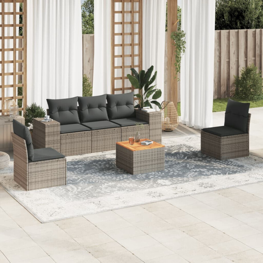 vidaXL 6-delige Loungeset met kussens poly rattan grijs afbeelding 1