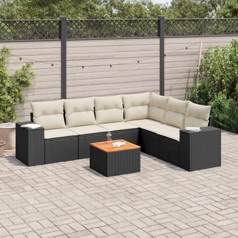 vidaXL 7-delige Loungeset met kussens poly rattan zwart vidaXL 7-delige Loungeset met kussens poly rattan zwart afbeelding 1