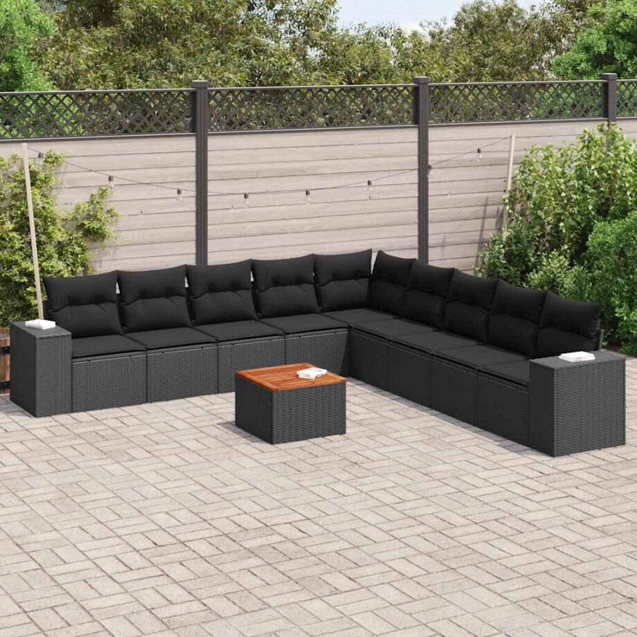 vidaXL 10-delige Loungeset met kussens poly rattan zwart afbeelding 1