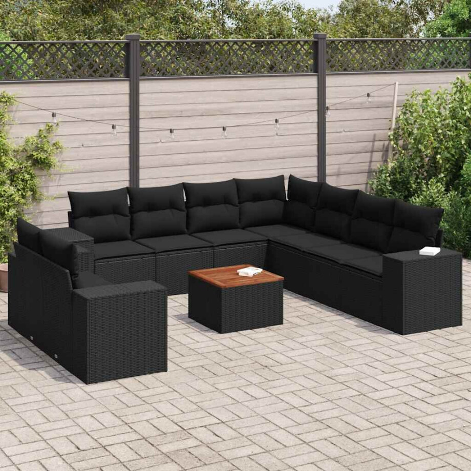 vidaXL 10-delige Loungeset met kussens poly rattan zwart afbeelding 1