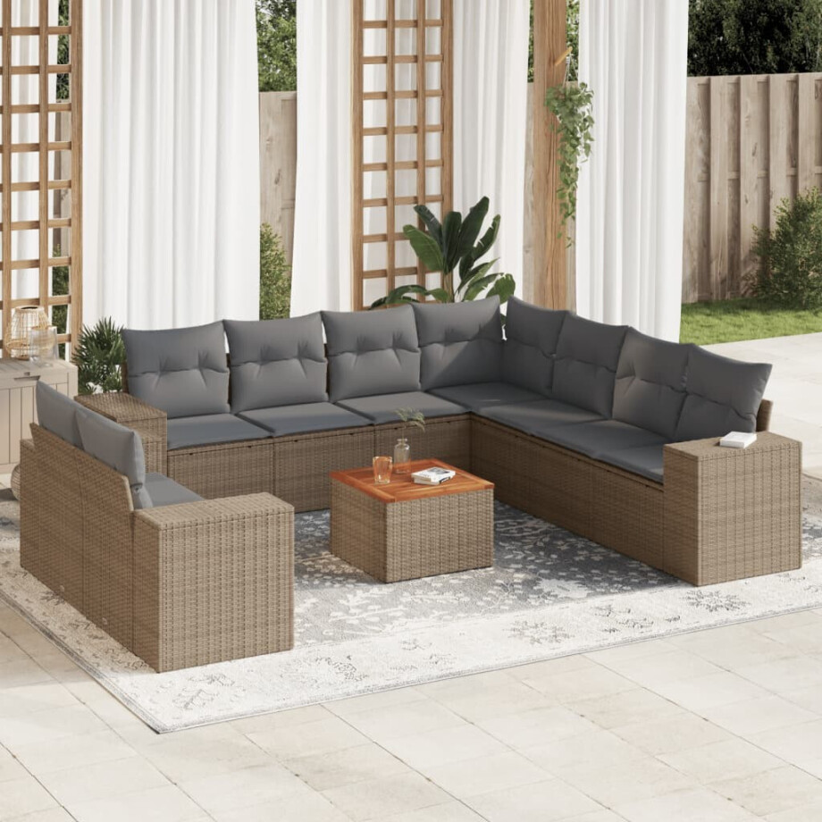 vidaXL 10-delige Loungeset met kussens poly rattan beige vidaXL 10-delige Loungeset met kussens poly rattan beige afbeelding 1