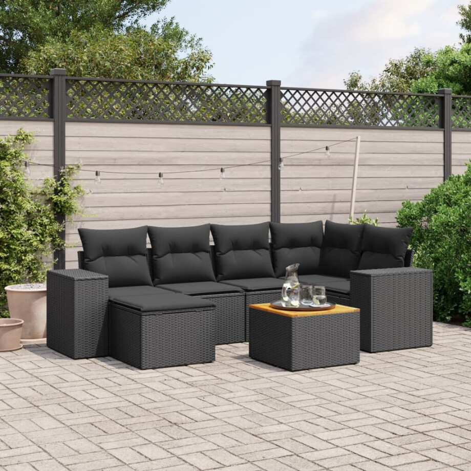 vidaXL 7-delige Loungeset met kussens poly rattan zwart vidaXL 7-delige Loungeset met kussens poly rattan zwart afbeelding 1