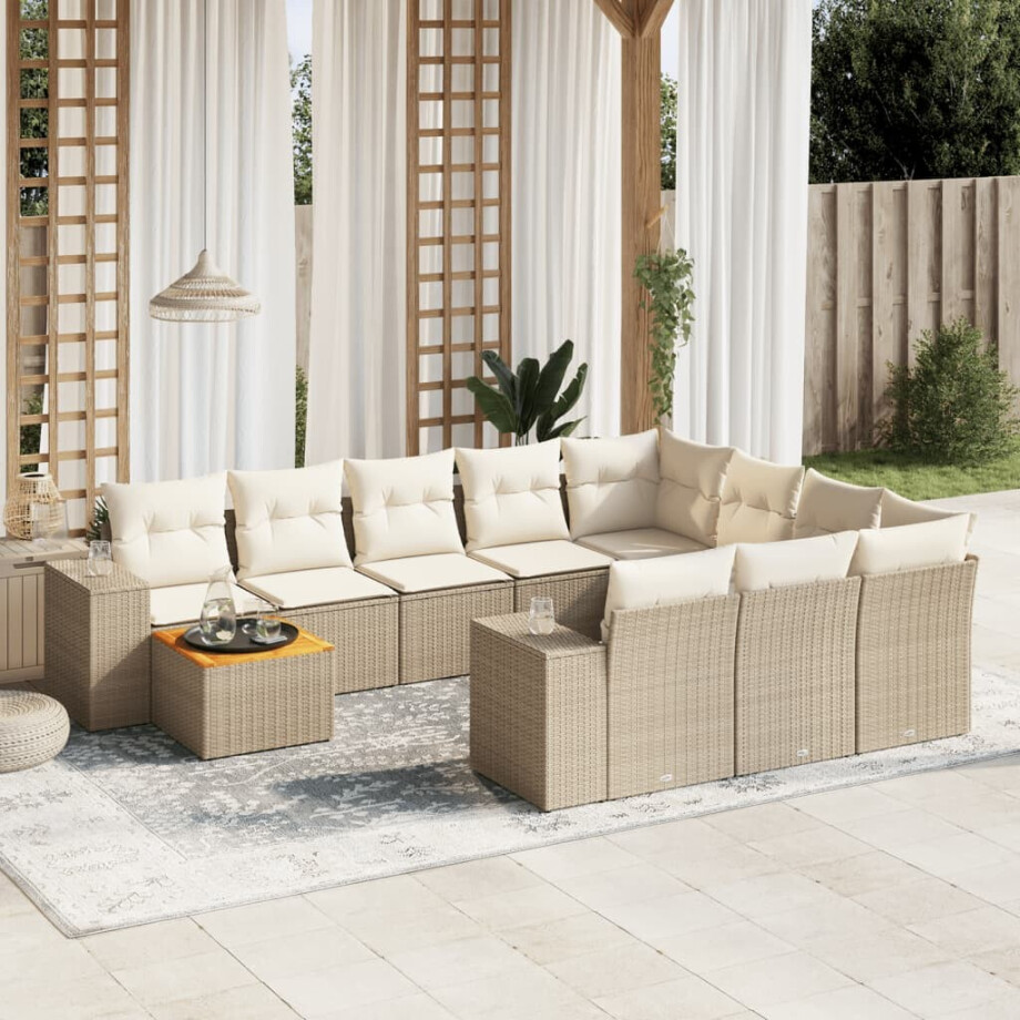vidaXL 11-delige Tuinset met kussens poly rattan beige afbeelding 1