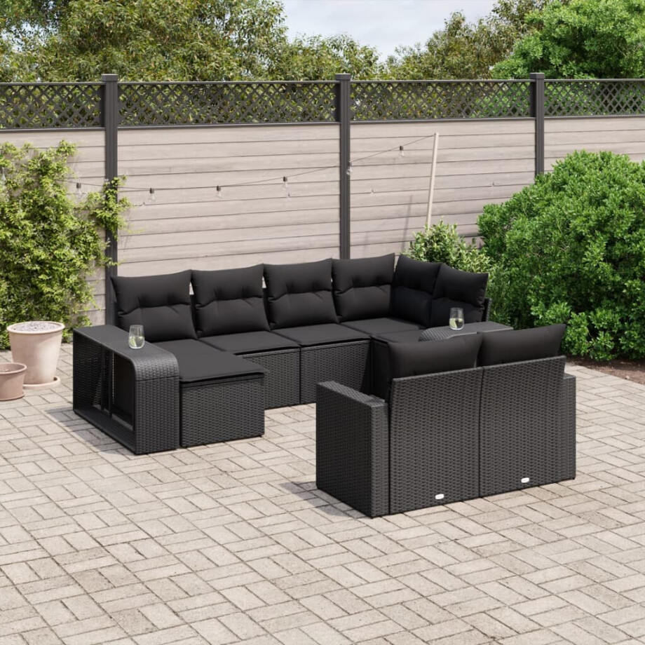 vidaXL 10-delige Loungeset met kussens poly rattan zwart afbeelding 1