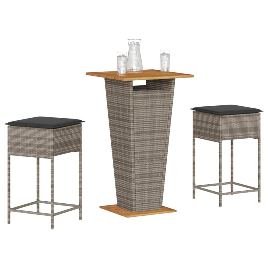 vidaXL 3-delige Tuinbarset met kussens poly rattan grijs afbeelding 1