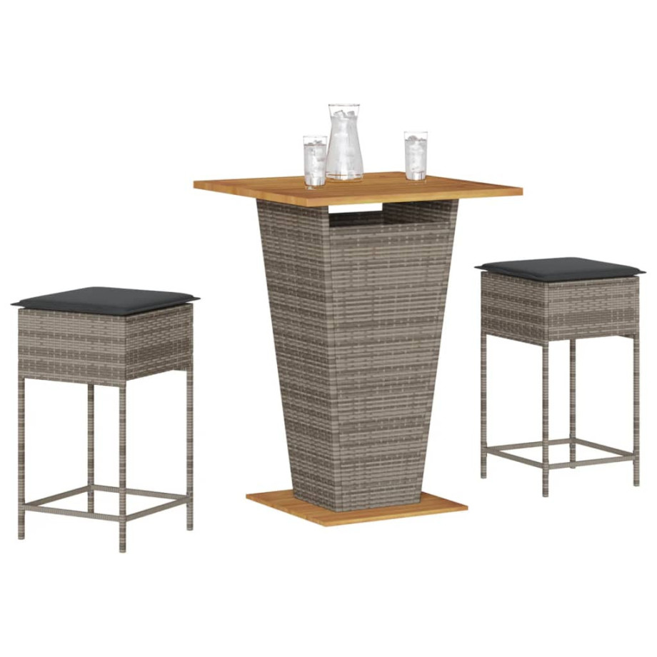 vidaXL 3-delige Tuinbarset met kussens poly rattan grijs afbeelding 1