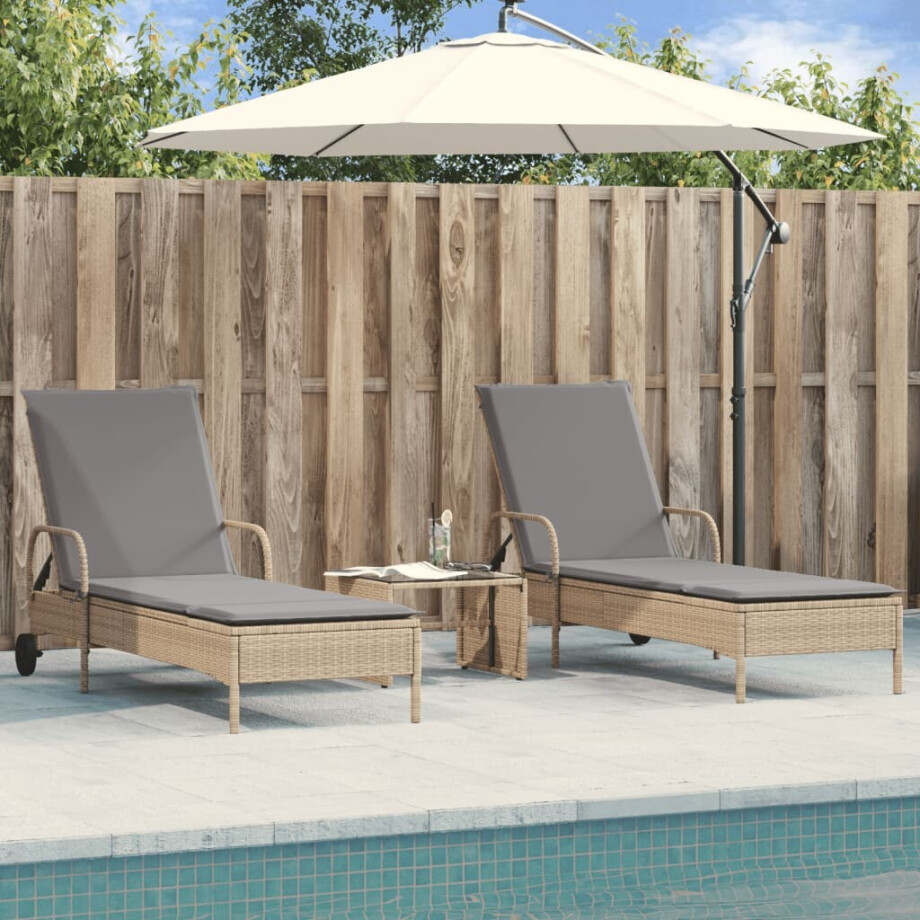vidaXL Ligstoelen 2 st met kussens poly rattan beige vidaXL Ligstoelen 2 st met kussens poly rattan beige afbeelding 1