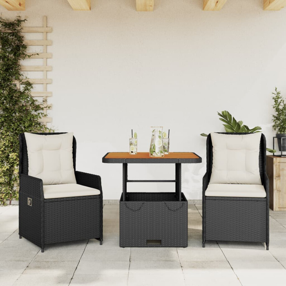 vidaXL 3-delige Bistroset met kussens poly rattan zwart vidaXL 3-delige Bistroset met kussens poly rattan zwart afbeelding 1