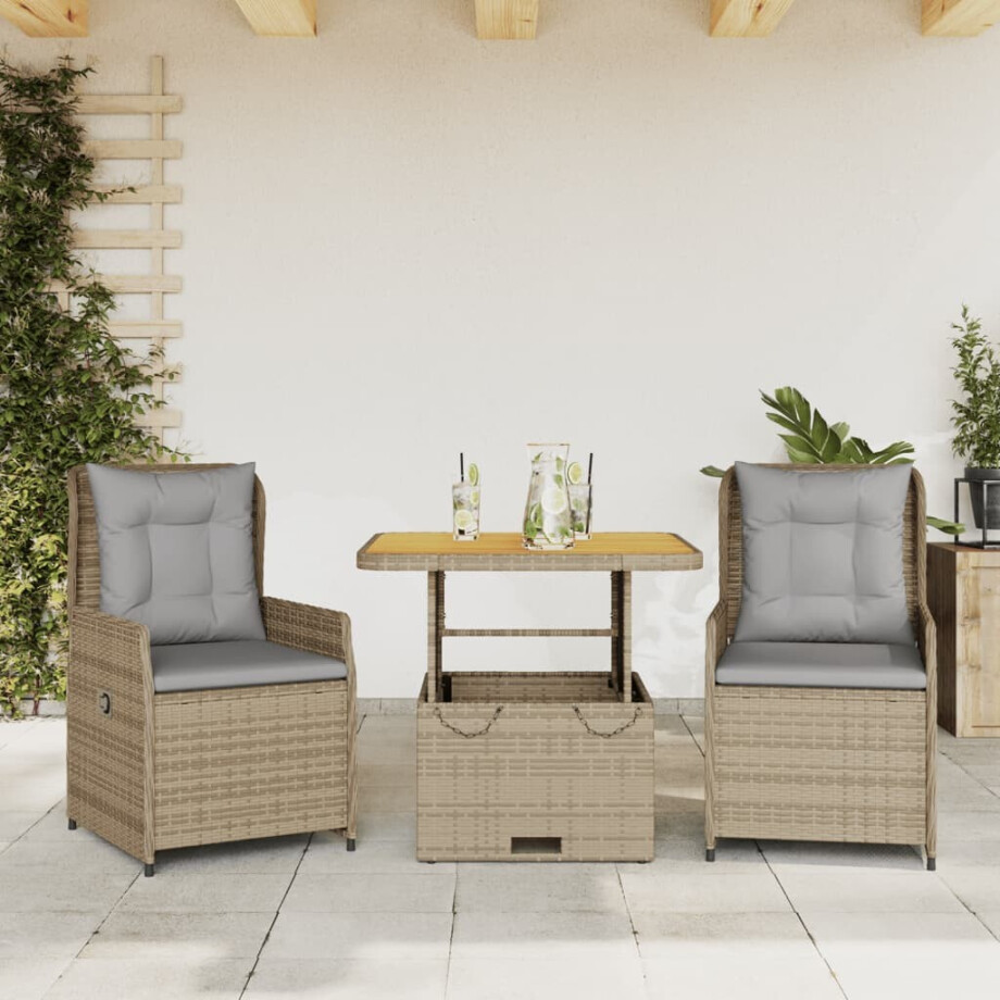 vidaXL 3-delige Bistroset met kussens poly rattan beige afbeelding 1