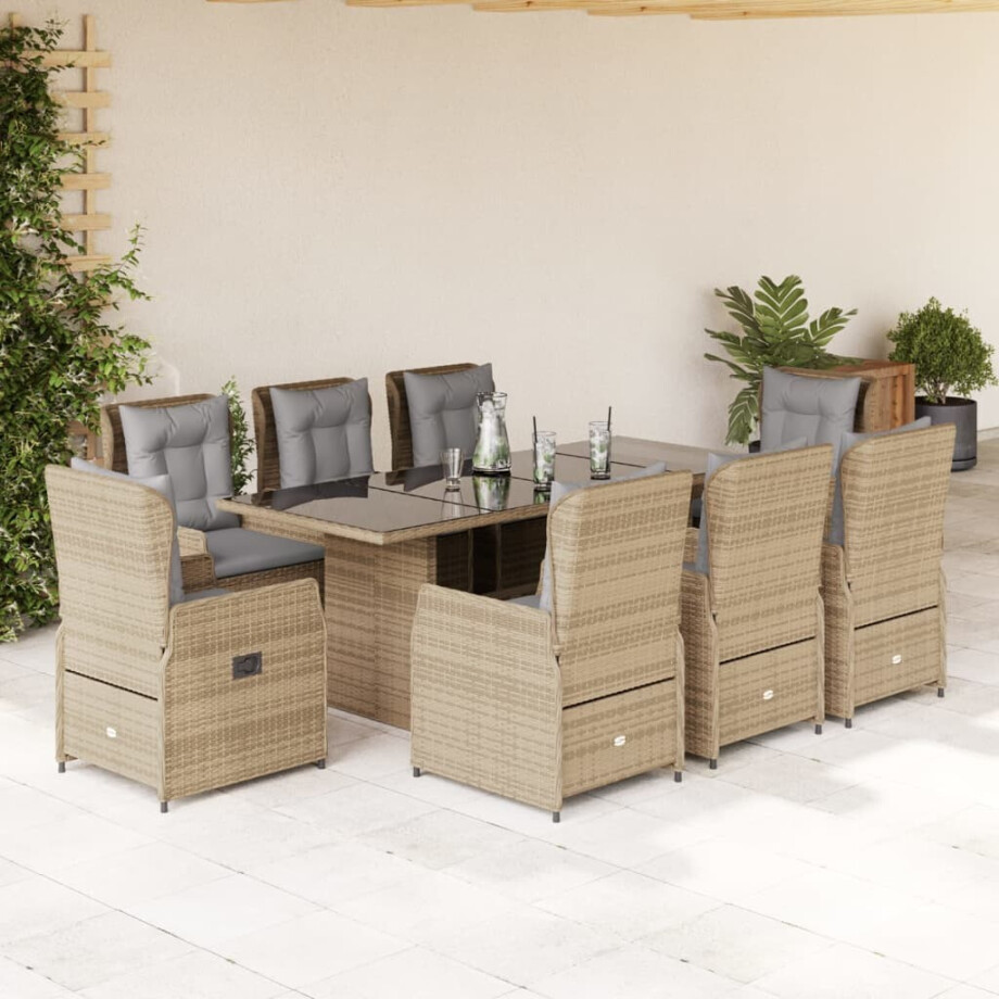 vidaXL 9-delige Tuinset met kussens poly rattan beige afbeelding 1