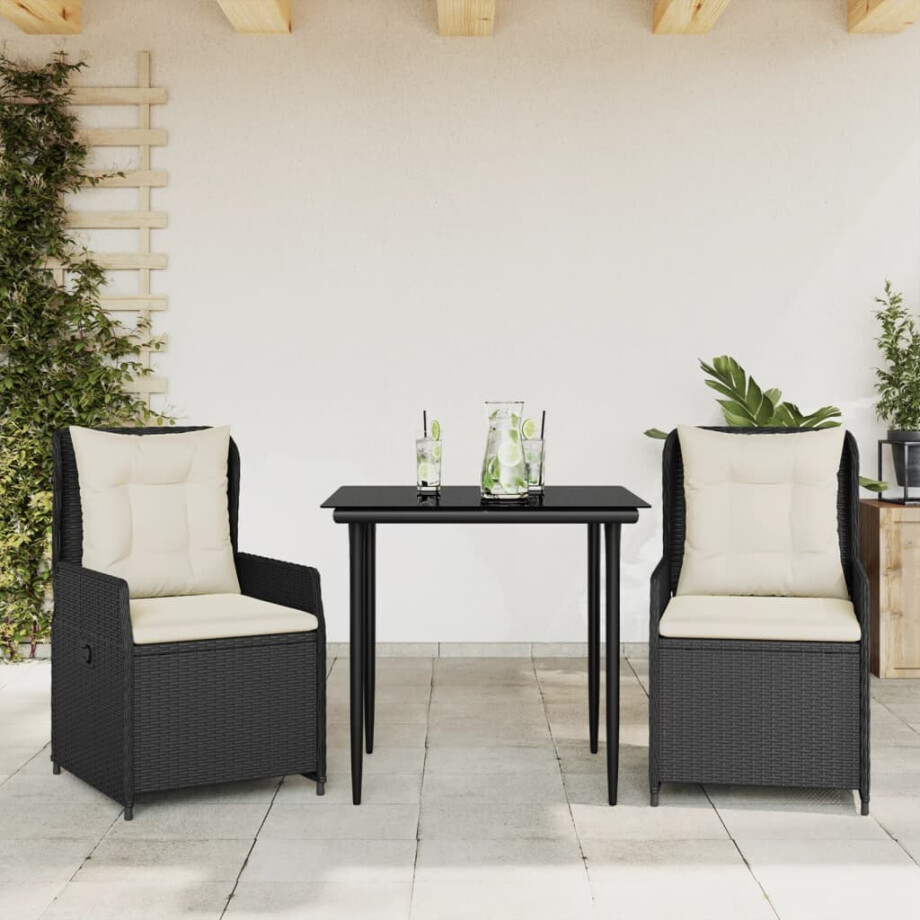 vidaXL 3-delige Tuinset met kussens poly rattan zwart afbeelding 1