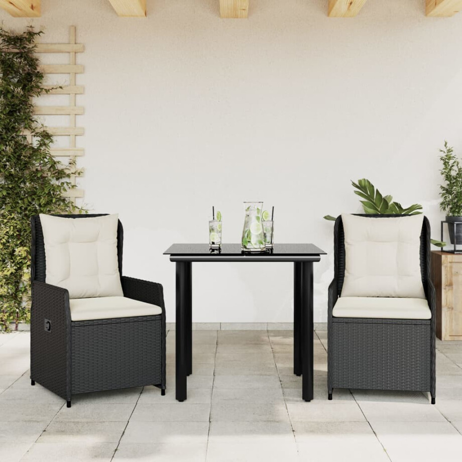 vidaXL 3-delige Tuinset met kussens poly rattan zwart afbeelding 1