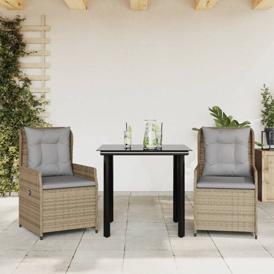 vidaXL 3-delige Tuinset met kussens poly rattan beige afbeelding 1
