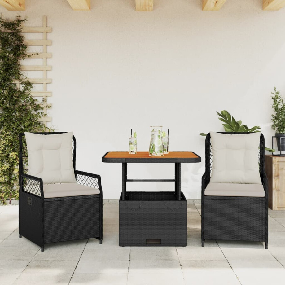 vidaXL 3-delige Tuinset met kussens poly rattan zwart afbeelding 1