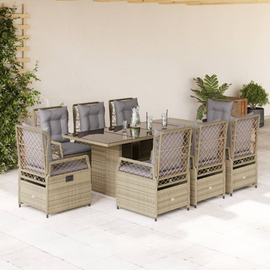 vidaXL 9-delige Tuinset met kussens poly rattan beige afbeelding 1