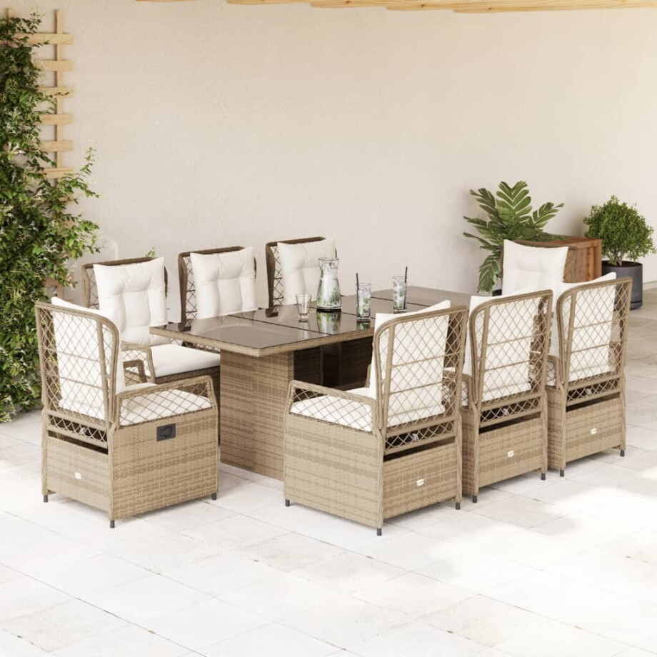 vidaXL 9-delige Tuinset met kussens poly rattan beige afbeelding 1