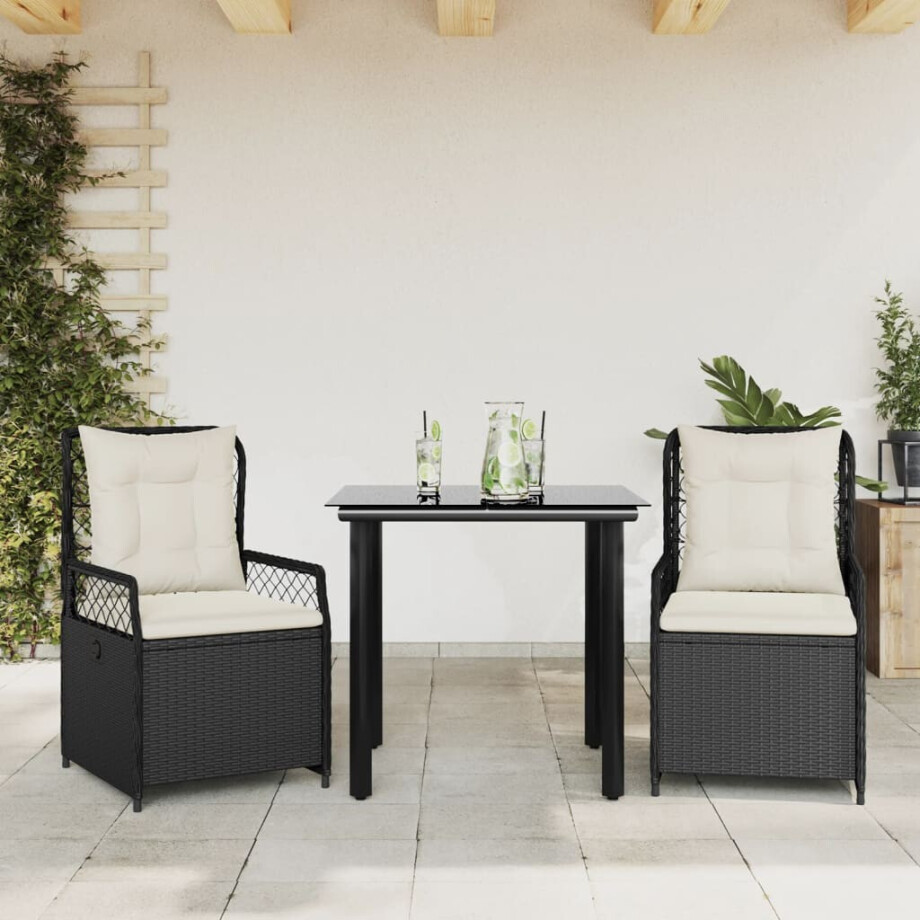 vidaXL 3-delige Tuinset met kussens poly rattan zwart afbeelding 1