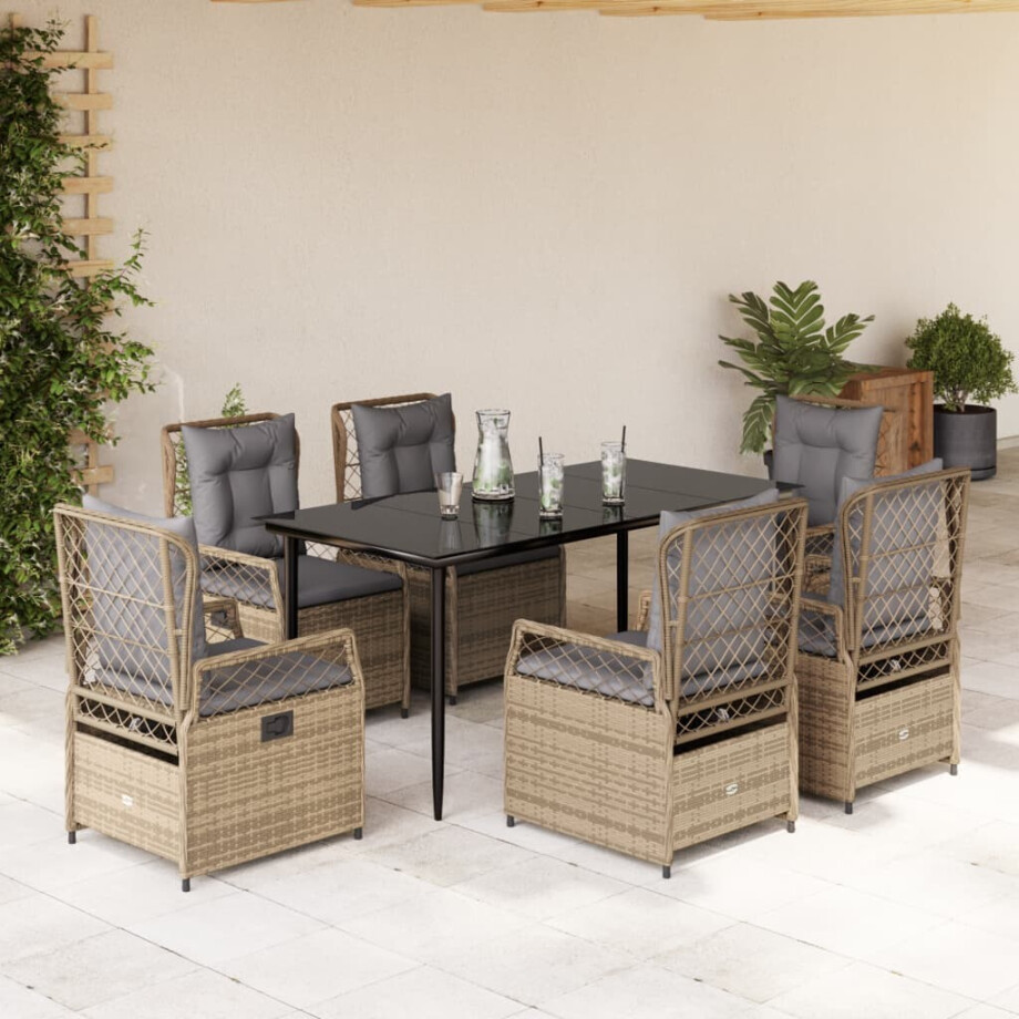 vidaXL 7-delige Tuinset met kussens poly rattan beige afbeelding 1