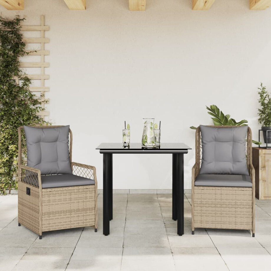 vidaXL 3-delige Tuinset met kussens poly rattan beige afbeelding 1