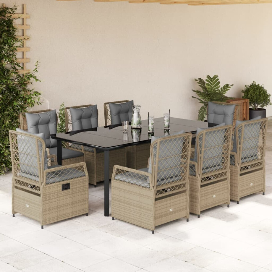 vidaXL 9-delige Tuinset met kussens poly rattan beige afbeelding 1