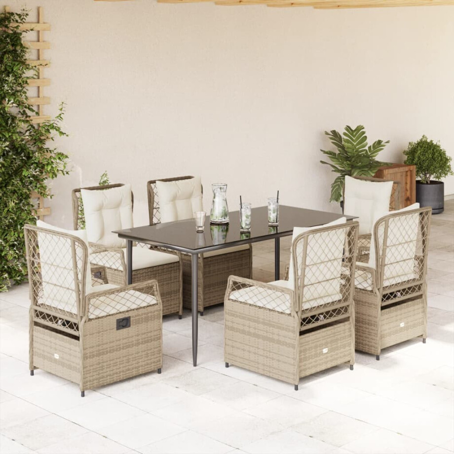 vidaXL 7-delige Tuinset met kussens poly rattan beige afbeelding 1