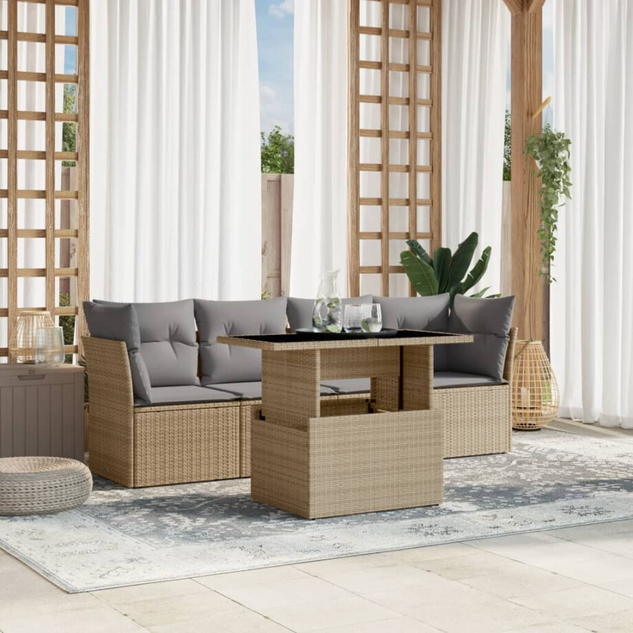 vidaXL 5-delige Loungeset met kussens poly rattan beige afbeelding 1
