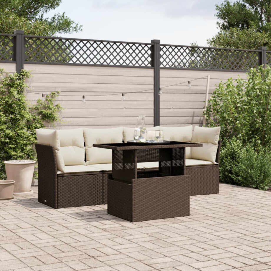 vidaXL 5-delige Loungeset met kussens poly rattan bruin afbeelding 1