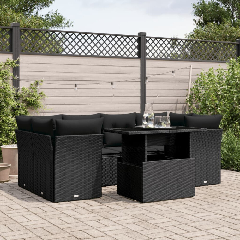 vidaXL 7-delige Loungeset met kussens poly rattan zwart vidaXL 7-delige Loungeset met kussens poly rattan zwart afbeelding 1
