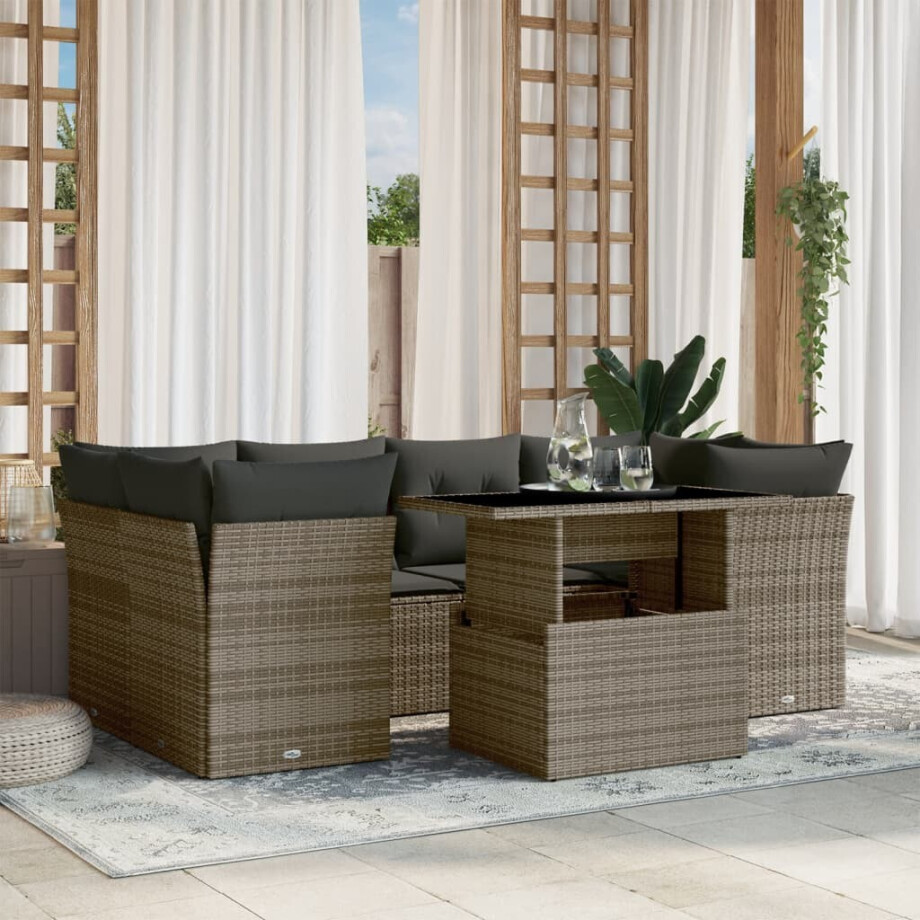 vidaXL 7-delige Loungeset met kussens poly rattan grijs afbeelding 1