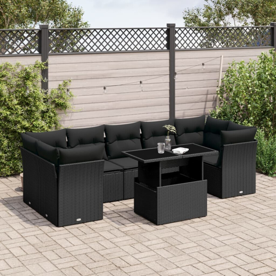vidaXL 8-delige Loungeset met kussens poly rattan zwart afbeelding 1