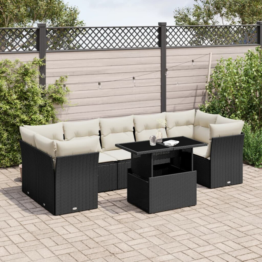 vidaXL 8-delige Loungeset met kussens poly rattan zwart afbeelding 1