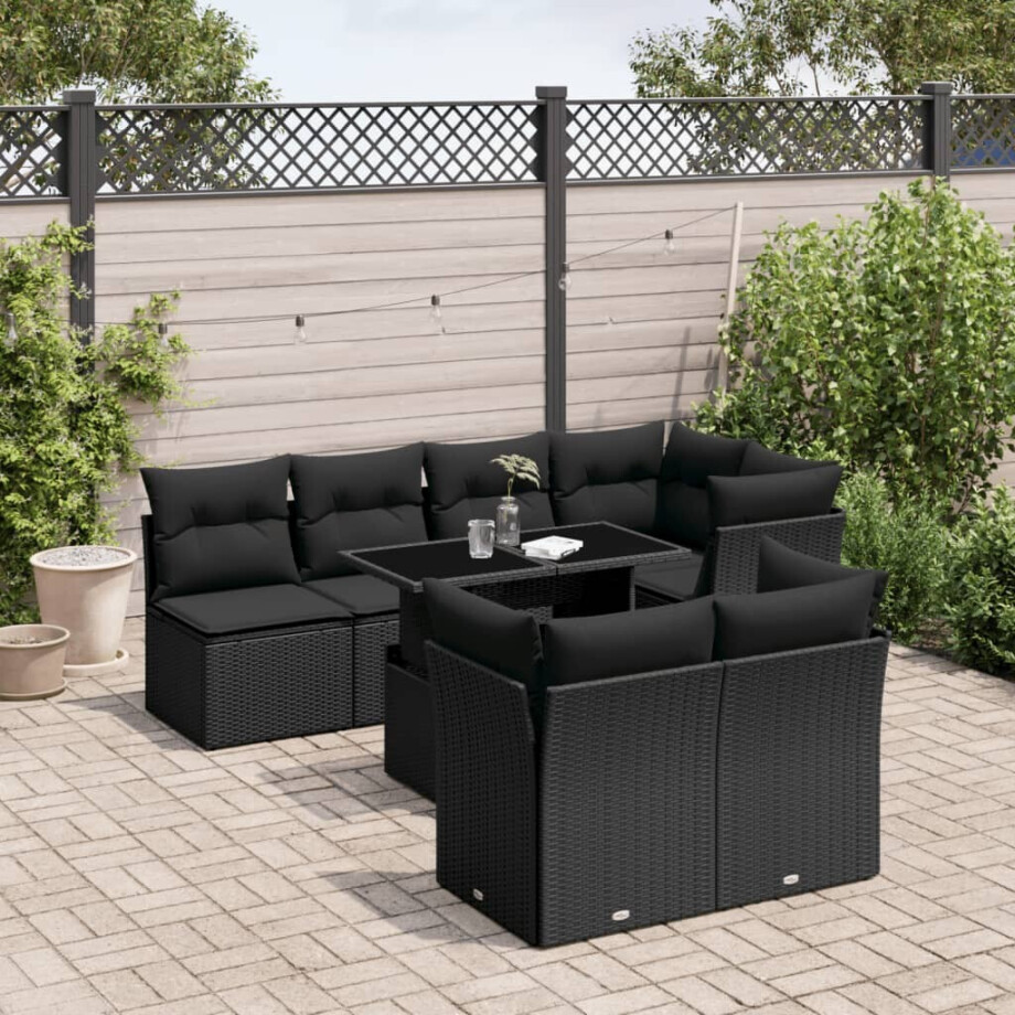 vidaXL 8-delige Loungeset met kussens poly rattan zwart afbeelding 1