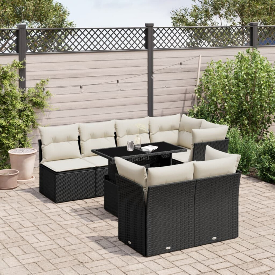 vidaXL 8-delige Loungeset met kussens poly rattan zwart afbeelding 1