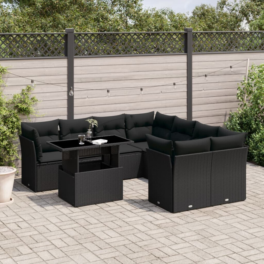 vidaXL 9-delige Loungeset met kussens poly rattan zwart afbeelding 1