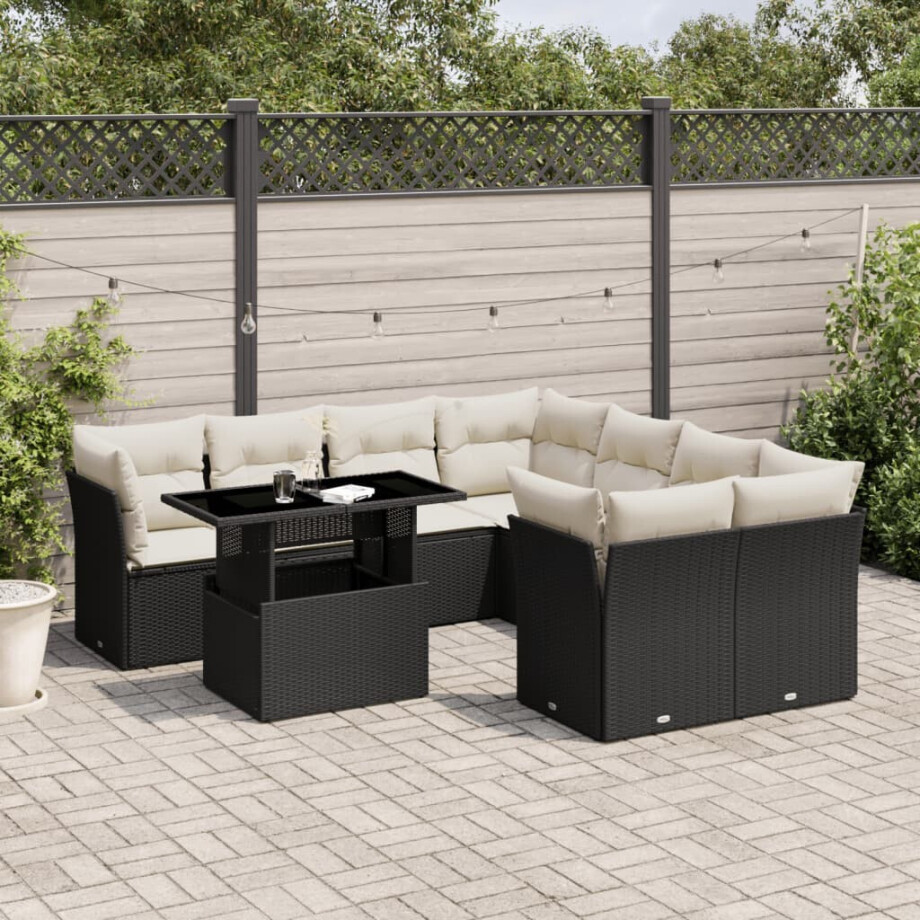 vidaXL 9-delige Loungeset met kussens poly rattan zwart afbeelding 1