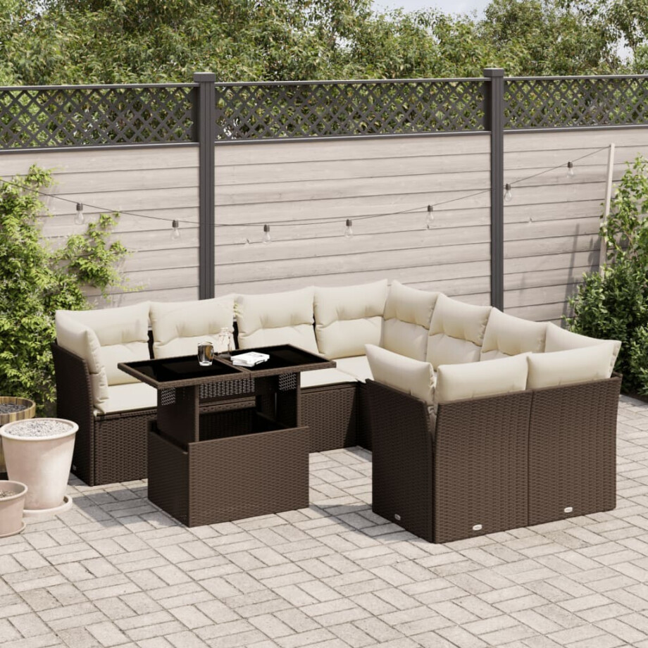 vidaXL 9-delige Loungeset met kussens poly rattan bruin afbeelding 1