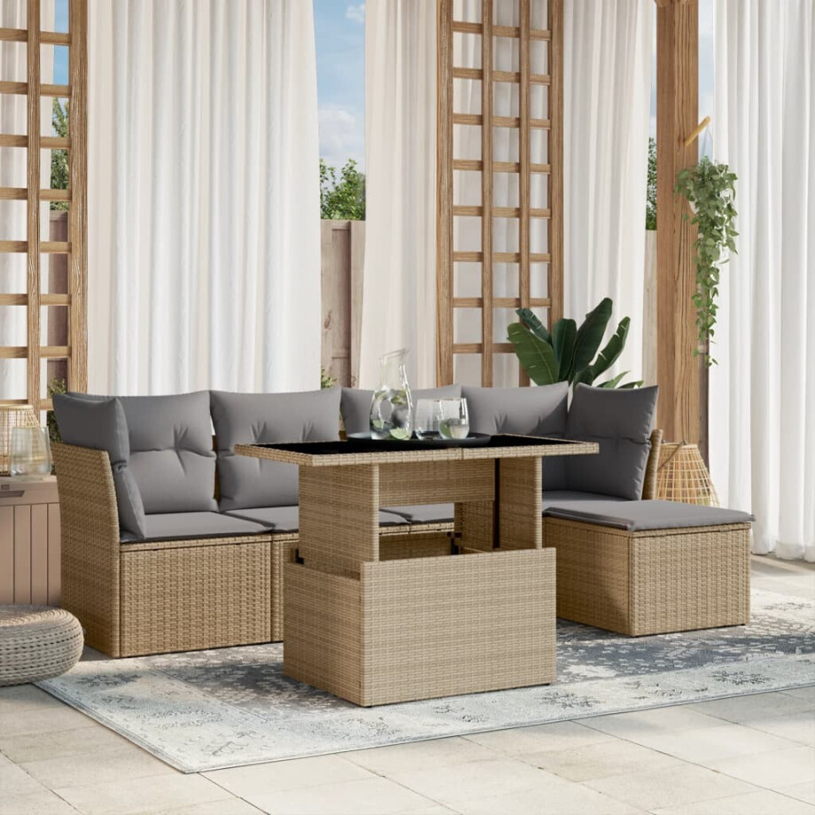vidaXL 6-delige Loungeset met kussens poly rattan beige afbeelding 1